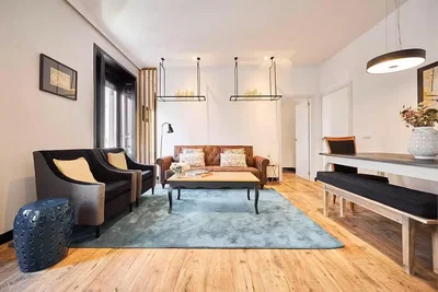Living room; wood floor, natural light, modern style