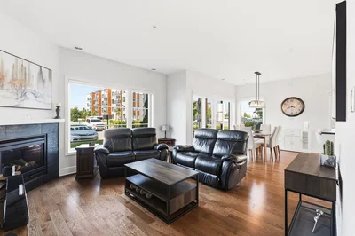 Living room; wood floor, fireplace, natural light