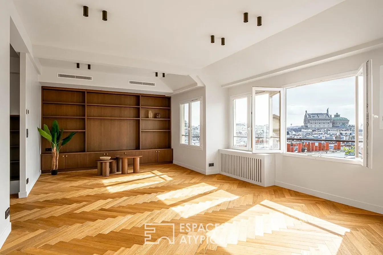 Salon; vue, parquet, lumière naturelle
