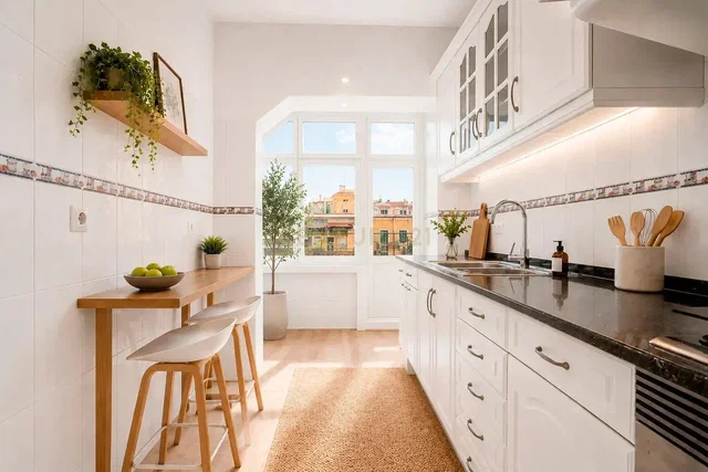 Cocina; vista, electrodomésticos, luz natural, suelo de baldosas, renovado