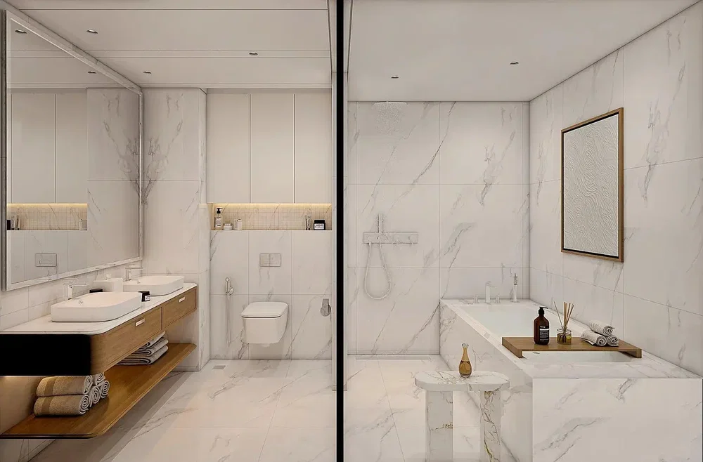 Banyo; fayans zemin, tadilatlı, doğal ışık