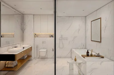 Banyo; fayans zemin, tadilatlı, doğal ışık
