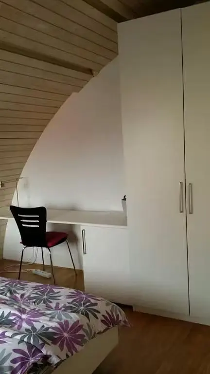 Schlafzimmer; holzbalken, holzboden, tageslicht