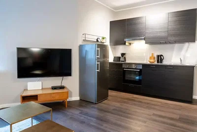 Living room; kitchen appliances, wood floor, natural light, modern style