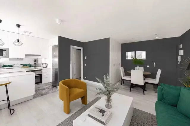 Living room; kitchen appliances, natural light, modern style, wood floor