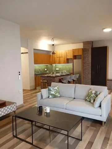 Living room; kitchen appliances, wood floor, natural light, modern style