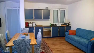 Living room; kitchen appliances, wood floor, natural light