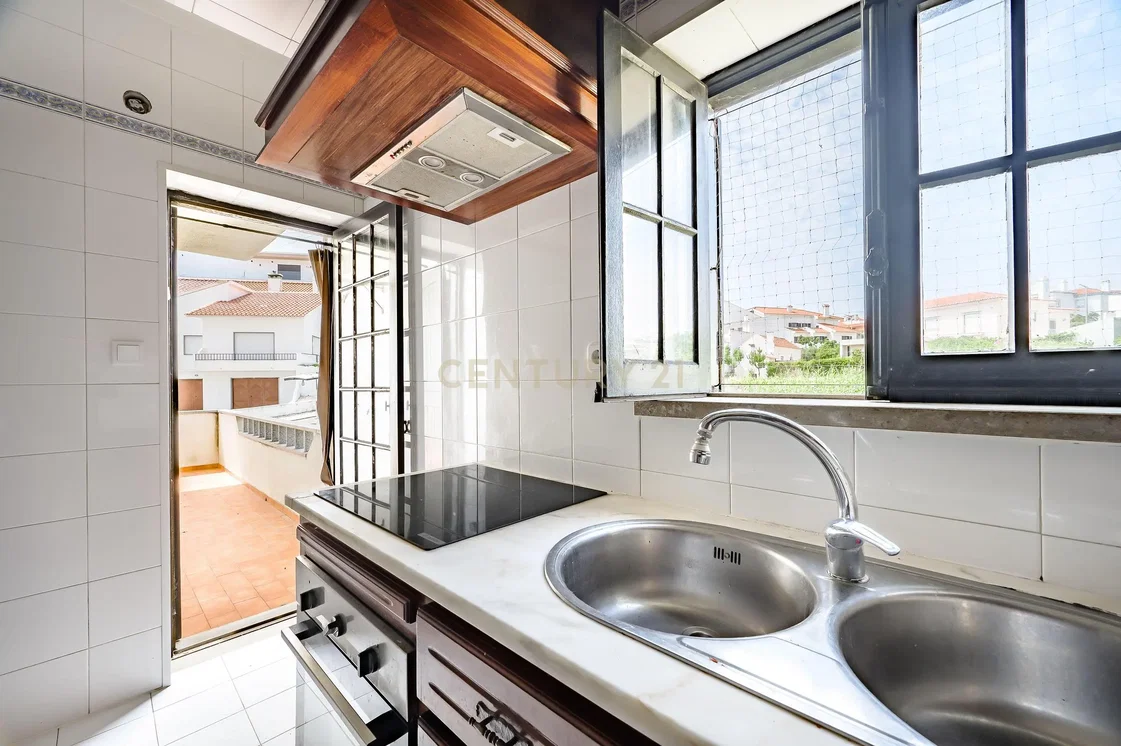 Kitchen; view, natural light, tile floor, wood beams