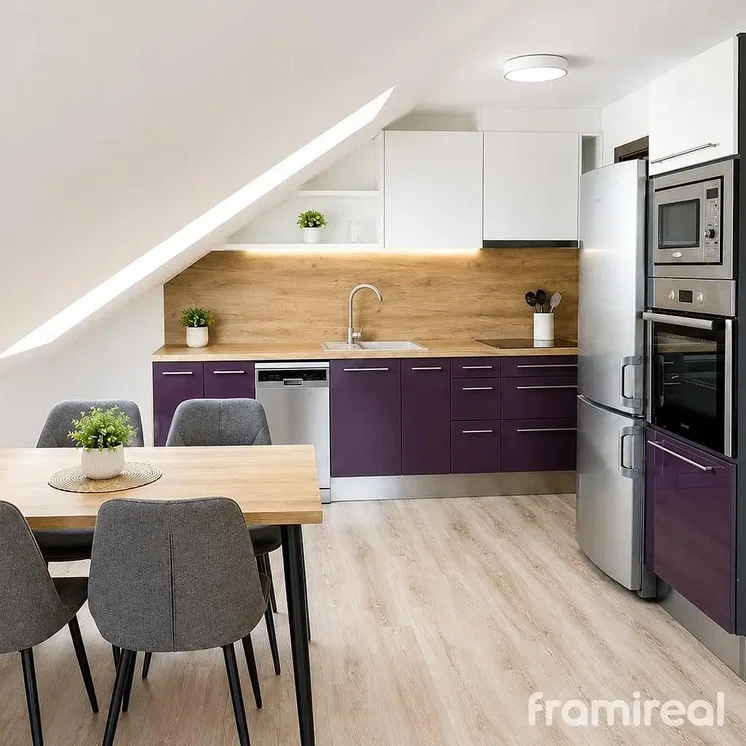 Kitchen; kitchen appliances, wood floor, natural light, modern style, renovated
