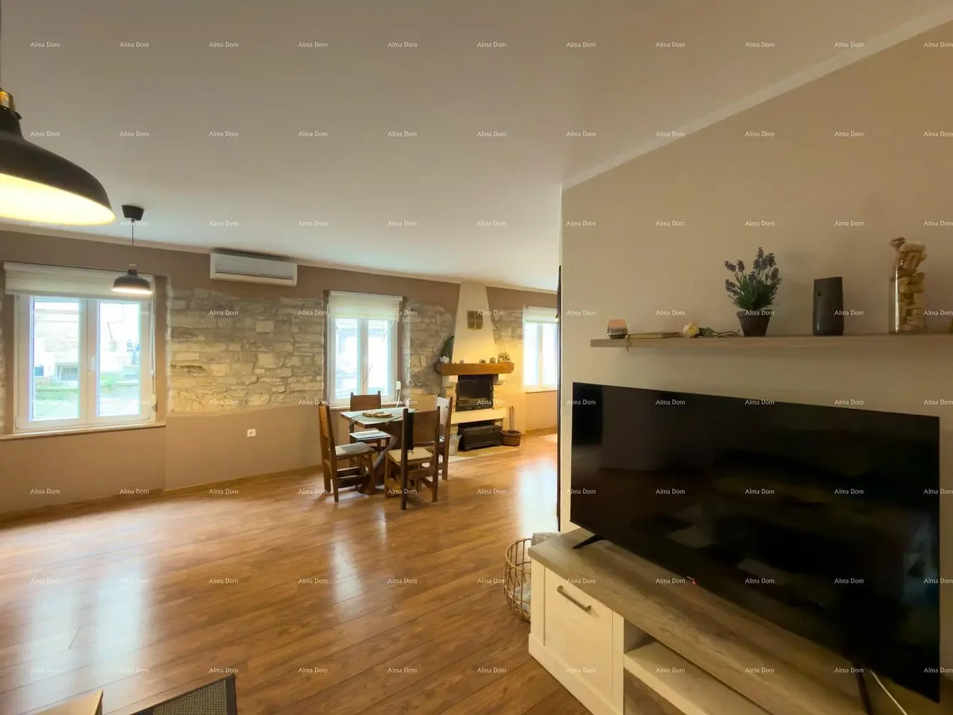 Salon; parquet, cheminée, lumière naturelle