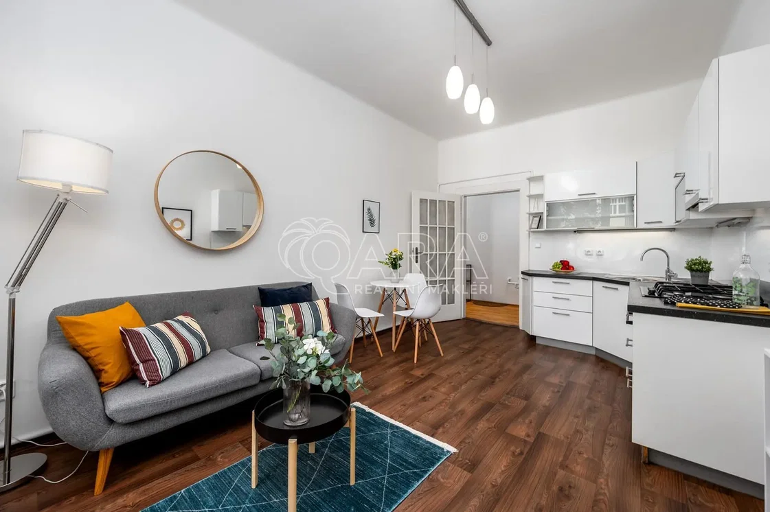 Living room; wood floor, natural light, modern style, kitchen appliances