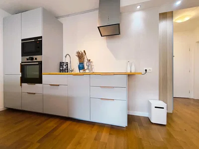 Kitchen; kitchen appliances, wood floor, natural light