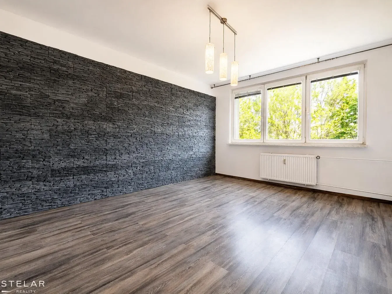 Obývací pokoj; dřevěná podlaha, přirozené světlo
