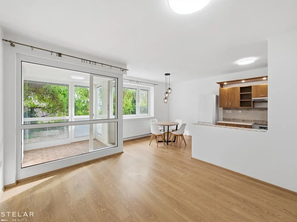 Living room; wood floor, natural light, view