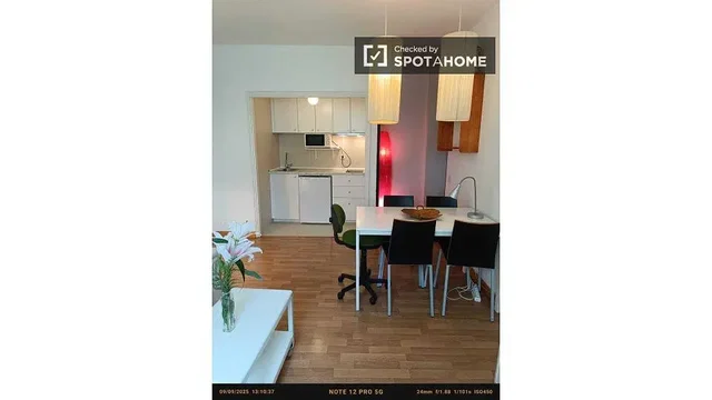 Dining room; kitchen appliances, wood floor, natural light