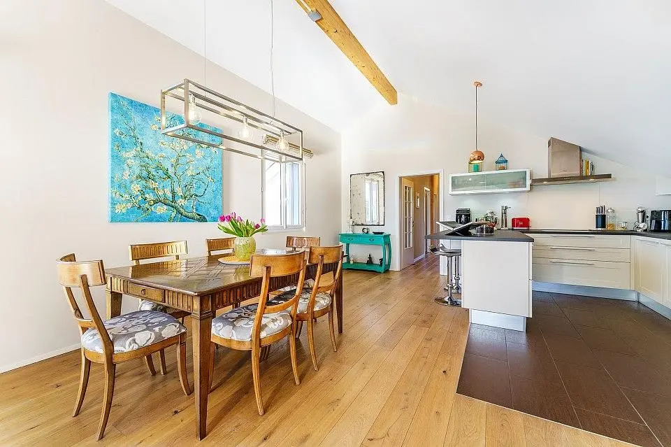 Dining room; wood floor, natural light, modern style, kitchen appliances