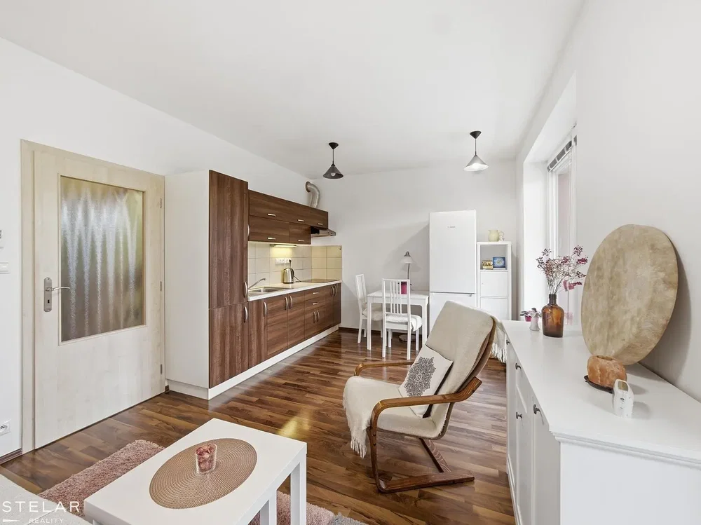 Salon; sprzęt kuchenny, podłoga drewniana, światło dzienne, styl nowoczesny