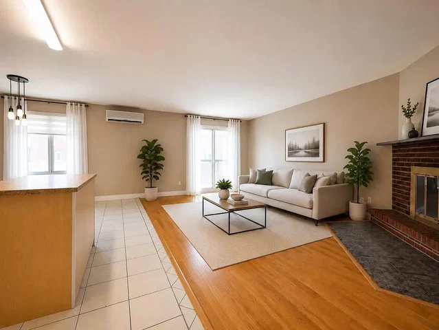 Living room; natural light, wood floor, tile floor, fireplace