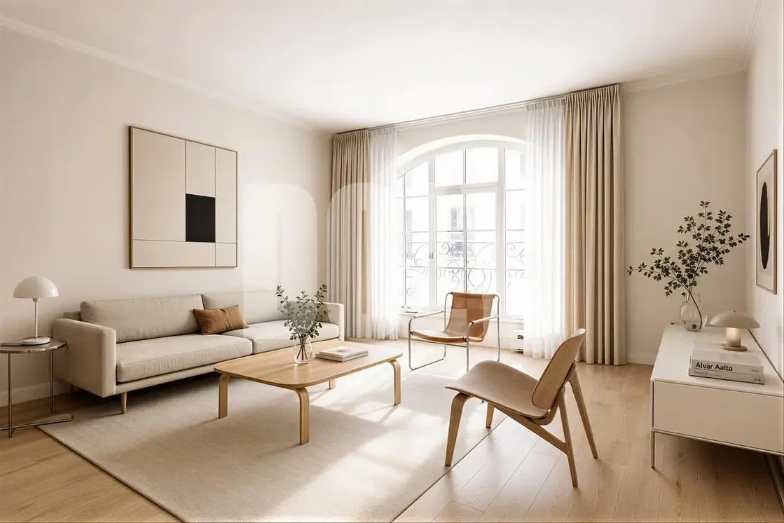 Wohnzimmer; tageslicht, moderner stil, holzboden