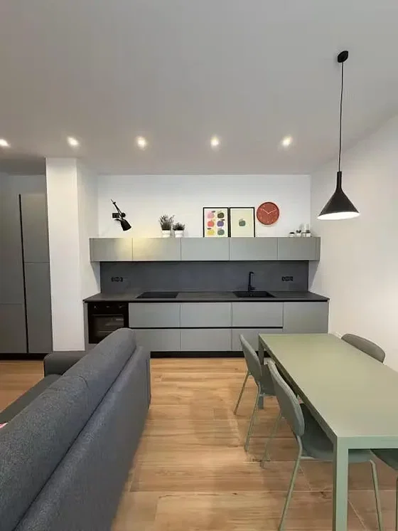 Obývací pokoj; kuchyňské spotřebiče, dřevěná podlaha, přirozené světlo, moderní styl