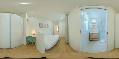 Camera da letto; pavimento in legno, luce naturale
