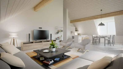 Wohnzimmer; tageslicht, hohe decken, holzbalken, moderner stil