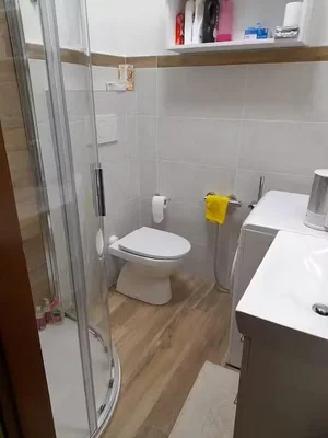 WC; talne ploščice, lesena tla
