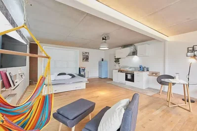 Wohnzimmer; küchengeräte, holzboden, tageslicht, moderner stil