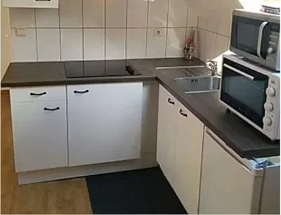 Cucina; elettrodomestici, pavimento in legno, pavimento in piastrelle