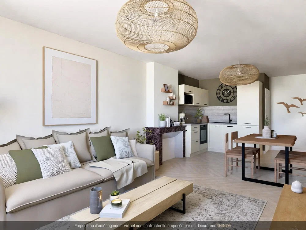 Woonkamer; natuurlijk licht, moderne stijl, houten vloer, keukenapparatuur