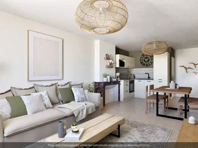 Woonkamer; natuurlijk licht, moderne stijl, houten vloer, keukenapparatuur