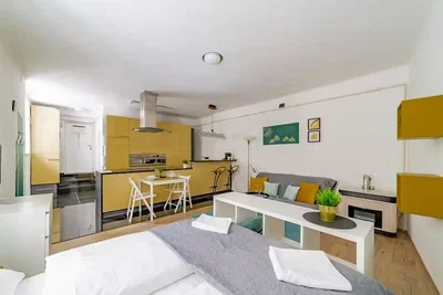 Living room; kitchen appliances, natural light, modern style