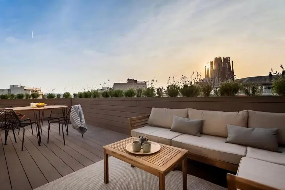 Terrasse; blick, holzboden, tageslicht, moderner stil
