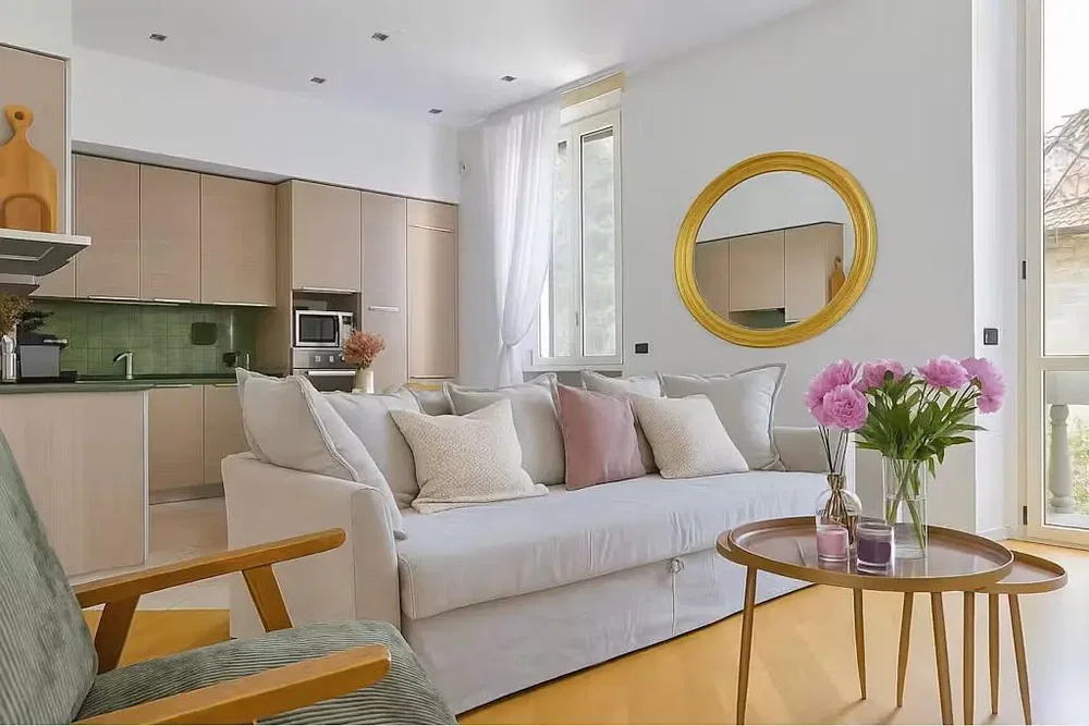 Wohnzimmer; tageslicht, moderner stil, holzboden, küchengeräte