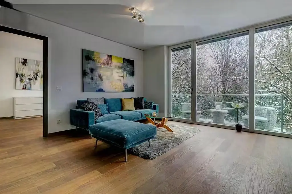 Sala de estar; vista, chão de madeira, luz natural, estilo moderno