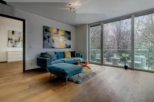 Sala de estar; vista, chão de madeira, luz natural, estilo moderno