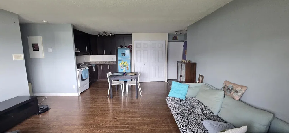 Living room; kitchen appliances, natural light, wood floor