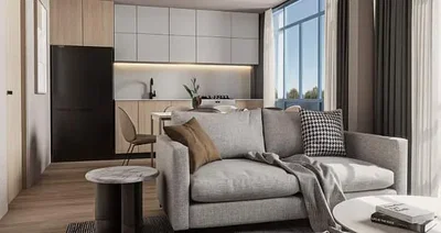 Wohnzimmer; blick, küchengeräte, tageslicht, moderner stil, holzboden