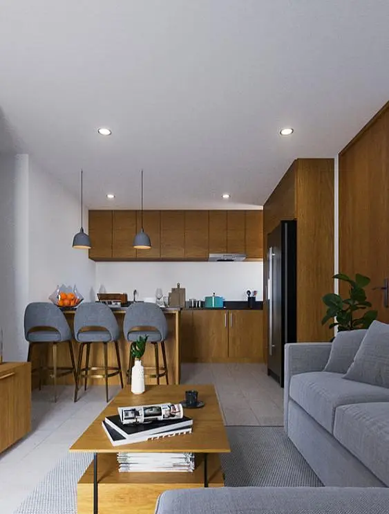 Soggiorno; elettrodomestici, pavimento in legno, luce naturale, stile moderno