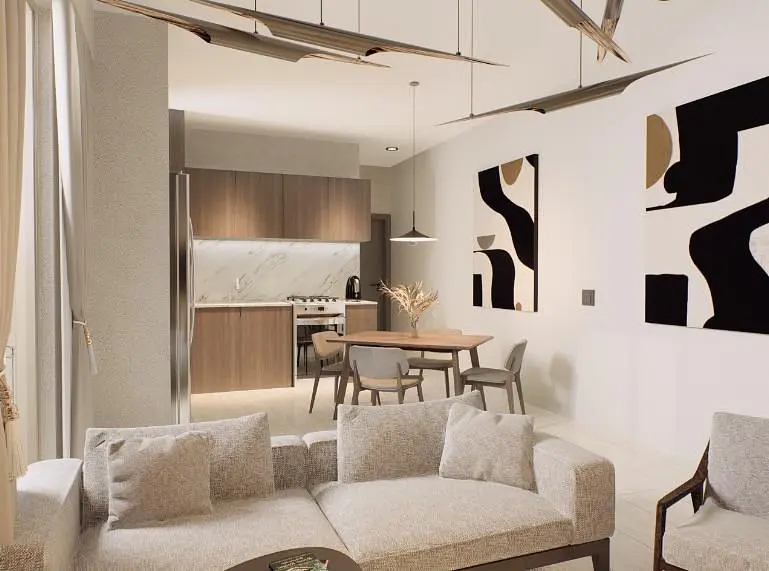 Wohnzimmer; moderner stil, holzboden, tageslicht, küchengeräte