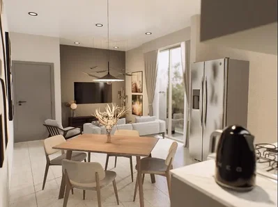 Wohnzimmer; blick, küchengeräte, fliesenboden, tageslicht, moderner stil