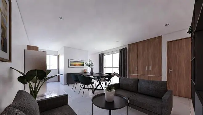 Wohnzimmer; tageslicht, moderner stil, holzboden