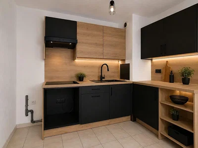Cocina; electrodomésticos, suelo de baldosas, renovado, luz natural