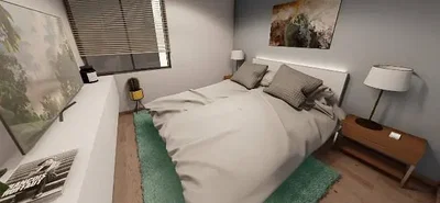 Schlafzimmer; holzboden, tageslicht, moderner stil