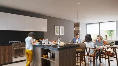 Küche; küchengeräte, holzboden, tageslicht, moderner stil