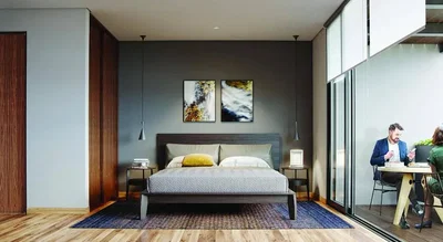 Schlafzimmer; holzboden, tageslicht, moderner stil