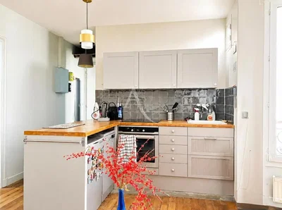 Cuisine; électroménager, parquet, lumière naturelle