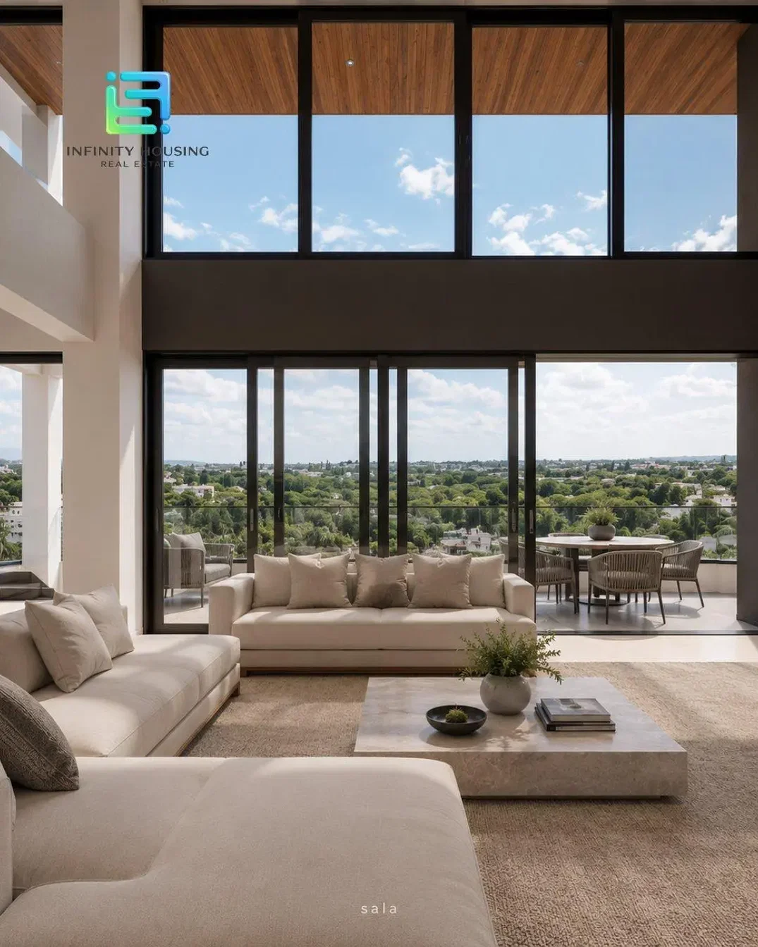 Obývací pokoj; výhled, přirozené světlo, moderní styl, dřevěné trámy