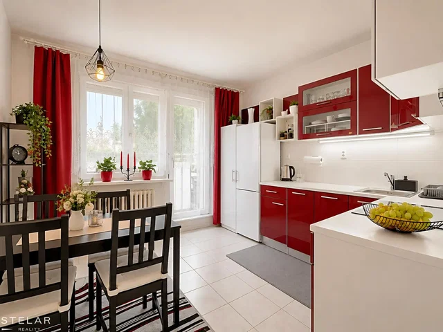 Kitchen; tile floor, kitchen appliances, natural light, modern style