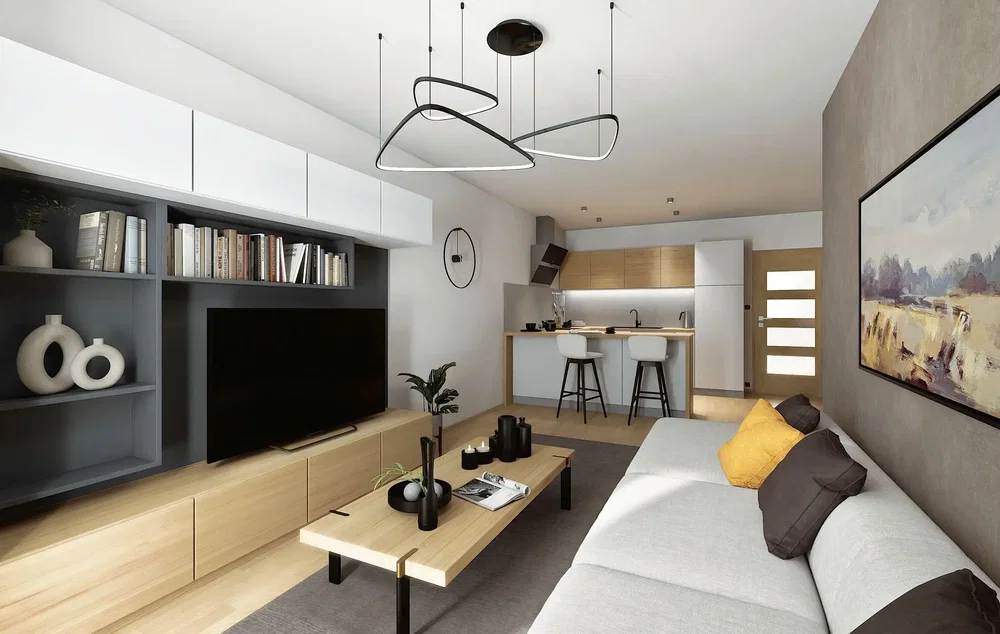 Living room; modern style, wood floor, natural light